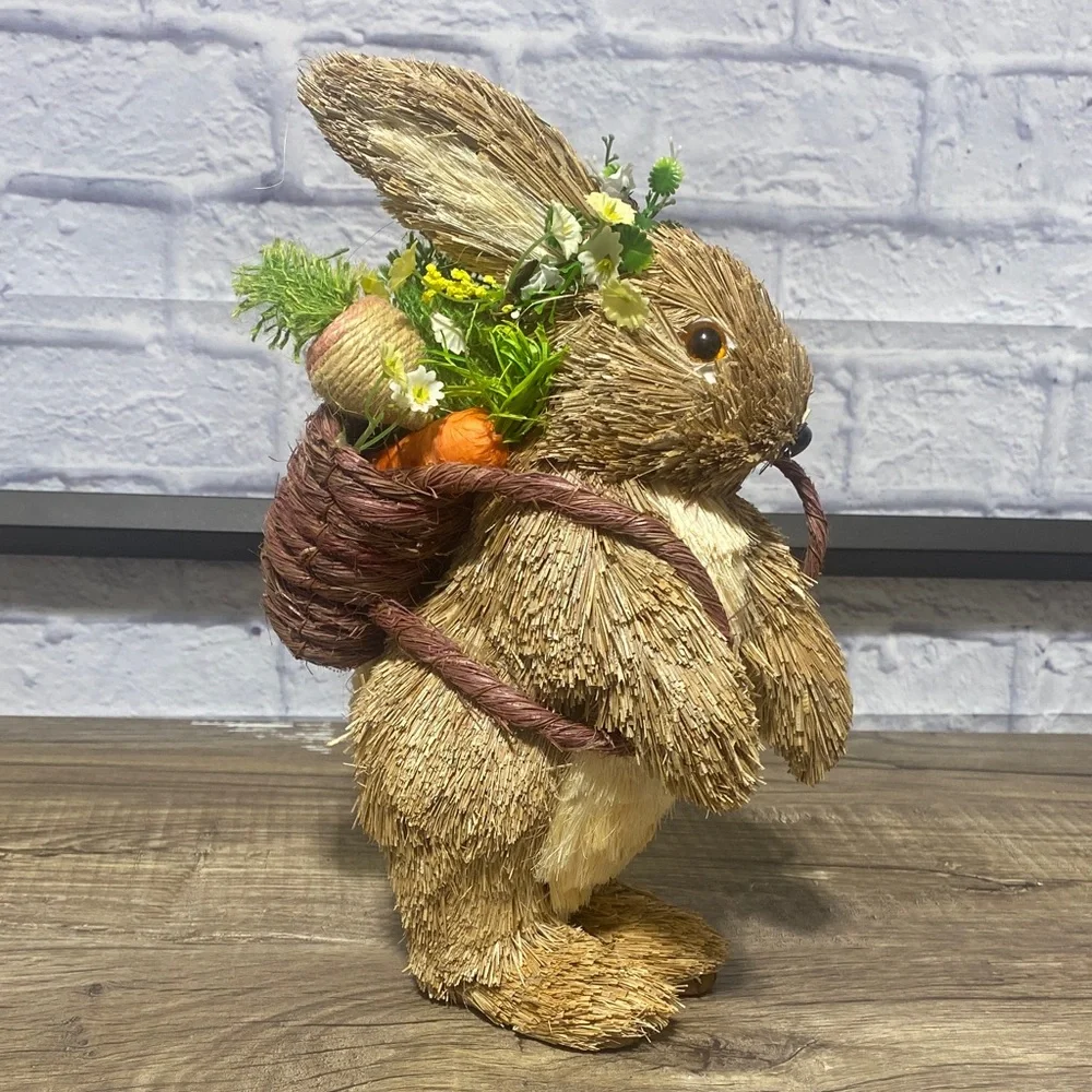 Pier 1 Straw Bunny with Green and White Floral Accents